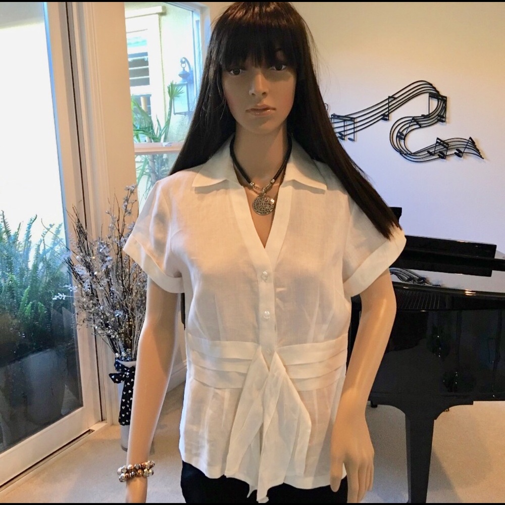 White Linen Tie Waist Short Sleeve Buttoned Blouse
